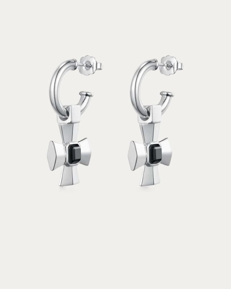 Front of a size O/S Lemmy Cross Earrings in Silver in Silver by F+H Studios. | dia_product_style_image_id:329460